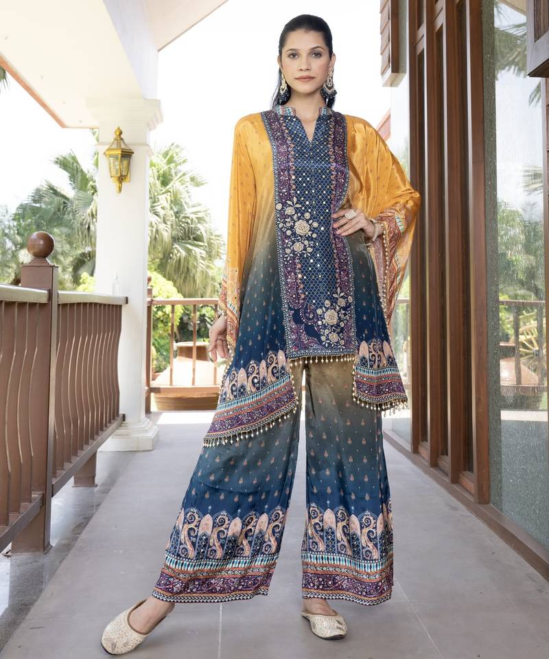 Blue & yellow printed with handwork natural crepe kaftan with plazzo