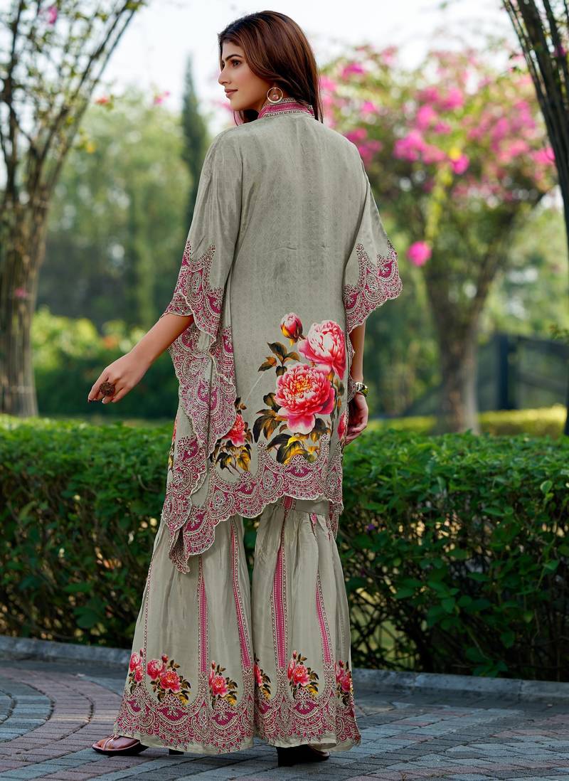Grey printed with handwork natural crepe kaftan with sharara