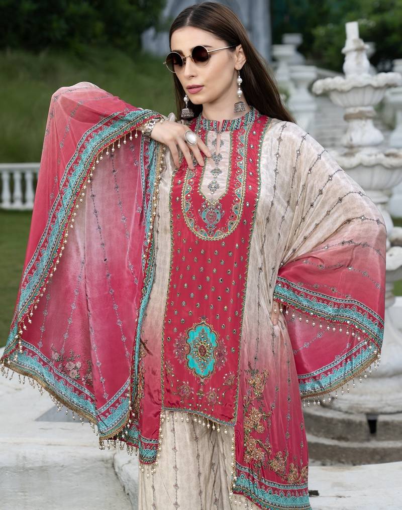 Cream & red printed with handwork natural crepe kaftan with plazzo