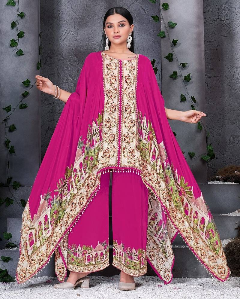 Pink printed with handwork natural crepe kaftan with plazzo