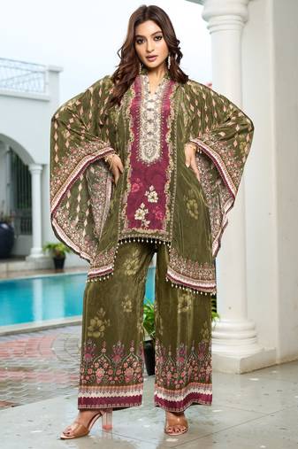Green printed with handwork natural crepe kaftan with plazzo
