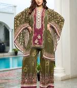 Green printed with handwork natural crepe kaftan with plazzo