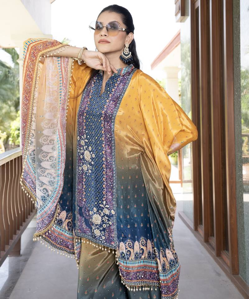 Blue & yellow printed with handwork natural crepe kaftan with plazzo