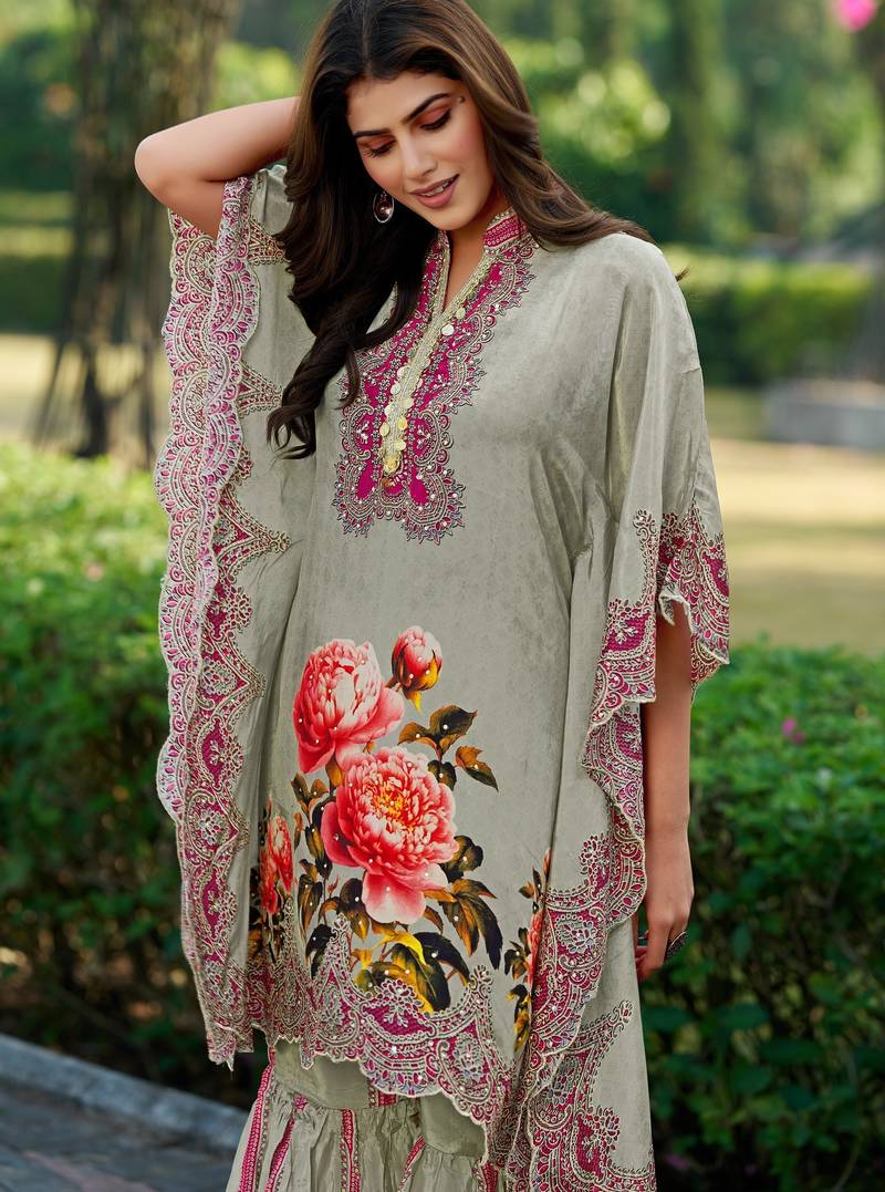 Grey printed with handwork natural crepe kaftan with sharara