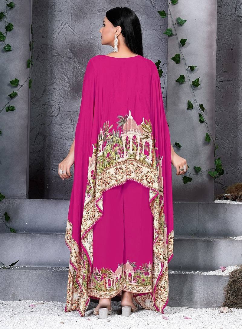 Pink printed with handwork natural crepe kaftan with plazzo
