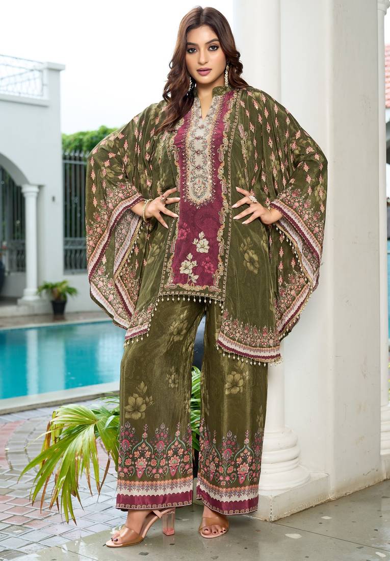 Green printed with handwork natural crepe kaftan with plazzo