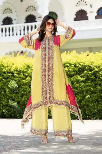 Yellow printed with handwork natural crepe aline kurti with plazzo