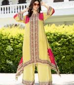 Yellow printed with handwork natural crepe aline kurti with plazzo