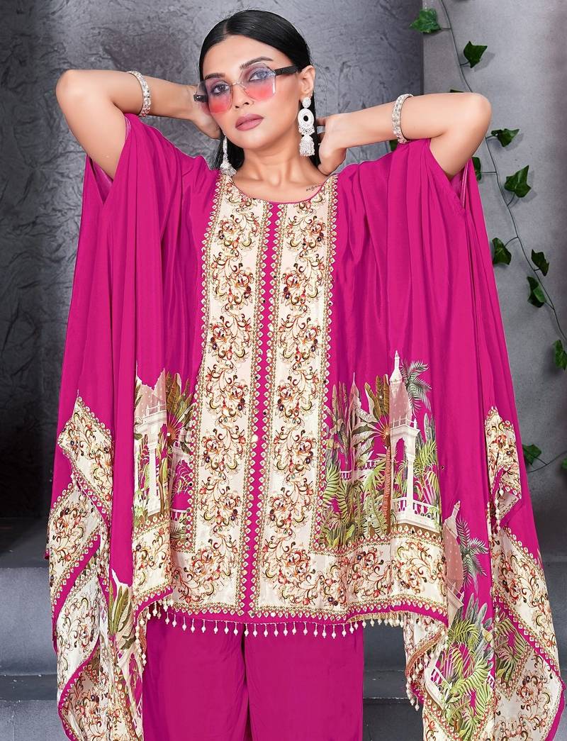 Pink printed with handwork natural crepe kaftan with plazzo