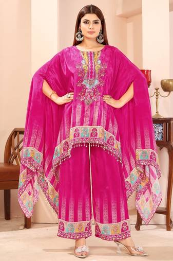 Pink printed with handwork natural crepe kaftan with plazzo