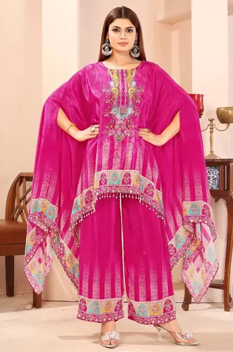 Pink printed with handwork natural crepe kaftan with plazzo