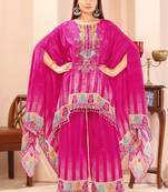 Pink printed with handwork natural crepe kaftan with plazzo