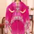 Pink printed with handwork natural crepe kaftan with palazzo