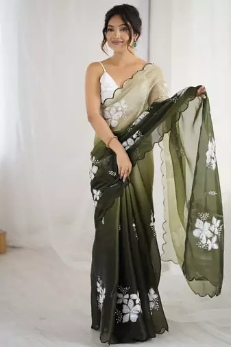 mahendi color glamorous jimmy choo fabric beautiful embroidered saree