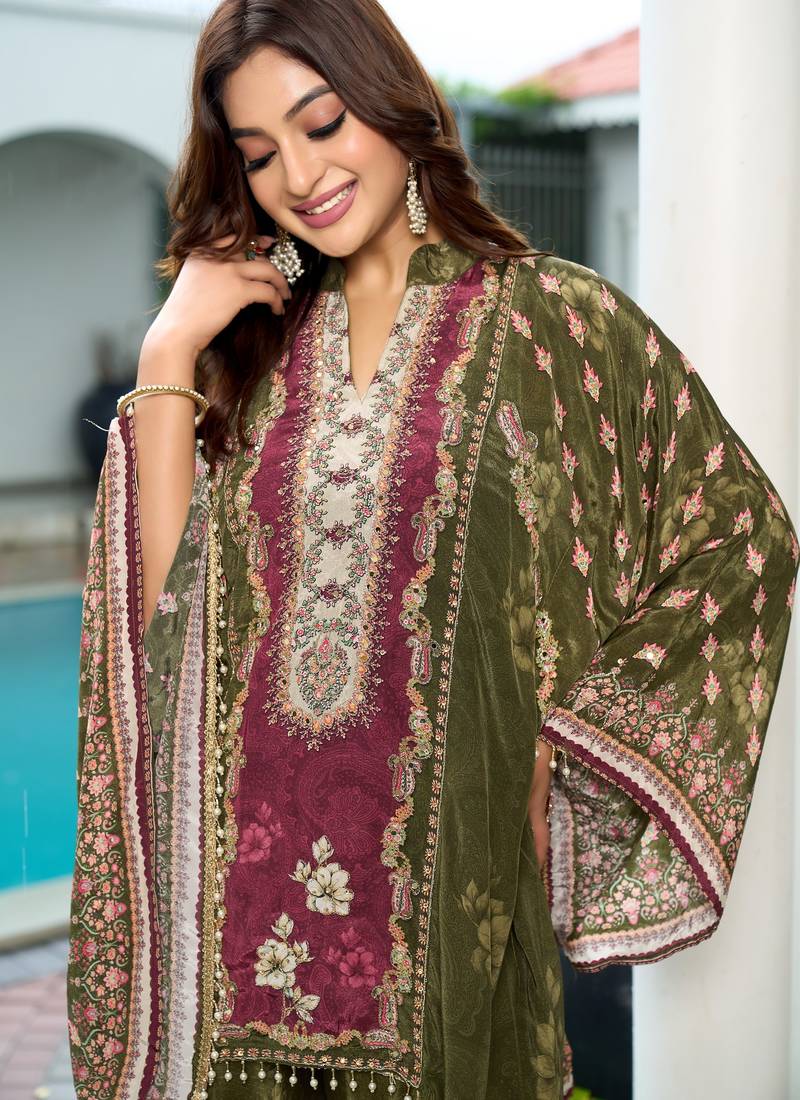 Green printed with handwork natural crepe kaftan with plazzo