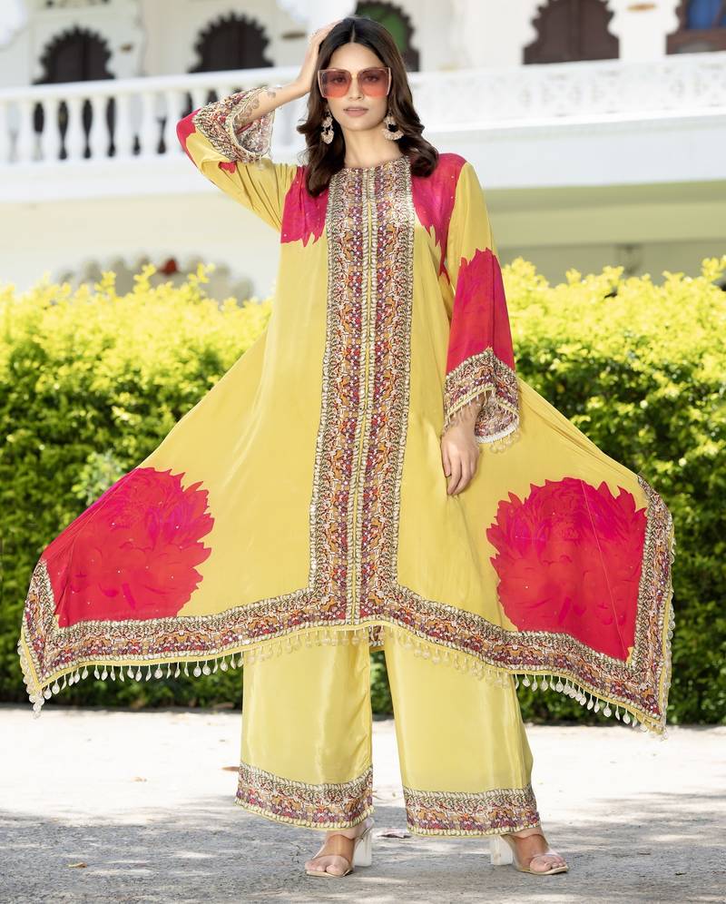 Yellow printed with handwork natural crepe aline kurti with plazzo