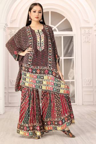 Multicolour printed with handwork natural crepe kaftan with sharara