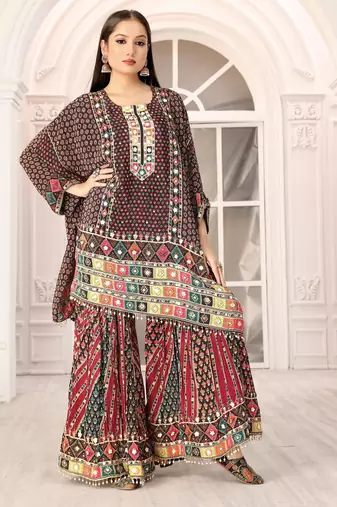 Multicolour printed with handwork natural crepe kaftan with sharara