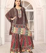 Multicolour printed with handwork natural crepe kaftan with sharara