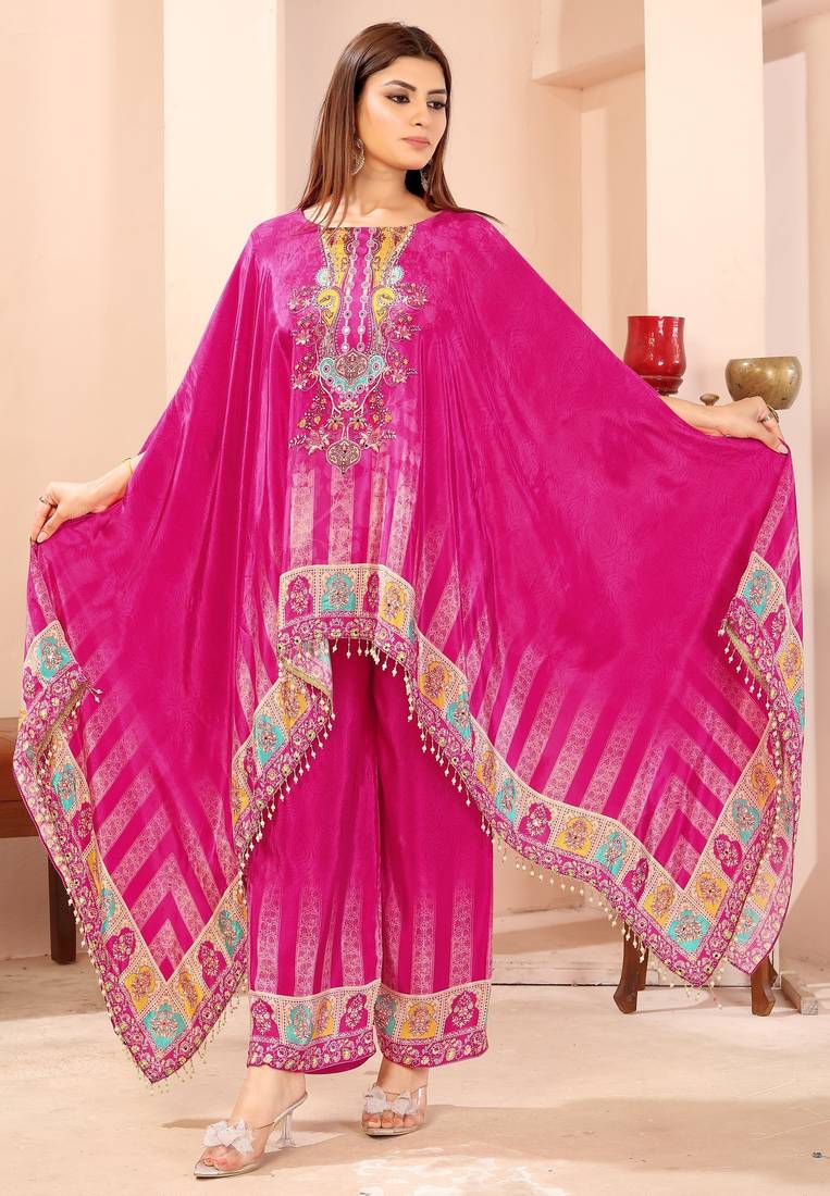 Pink printed with handwork natural crepe kaftan with plazzo