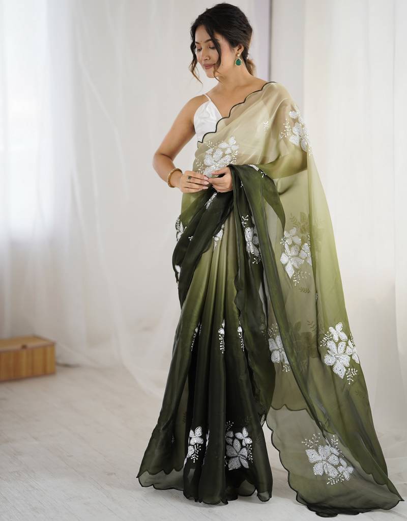 mahendi color glamorous jimmy choo fabric beautiful embroidered saree