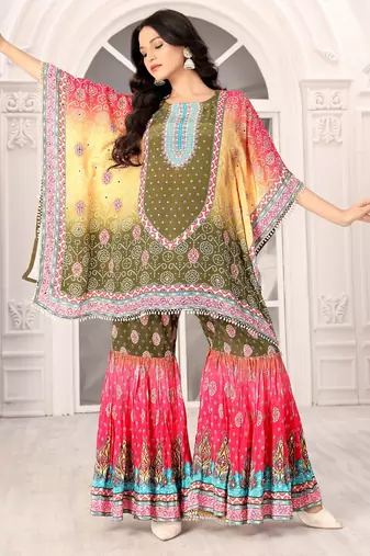 Multicolour printed with handwork natural crepe kaftan with sharara