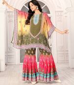 Multicolour printed with handwork natural crepe kaftan with sharara