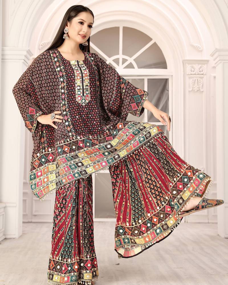 Multicolour printed with handwork natural crepe kaftan with sharara