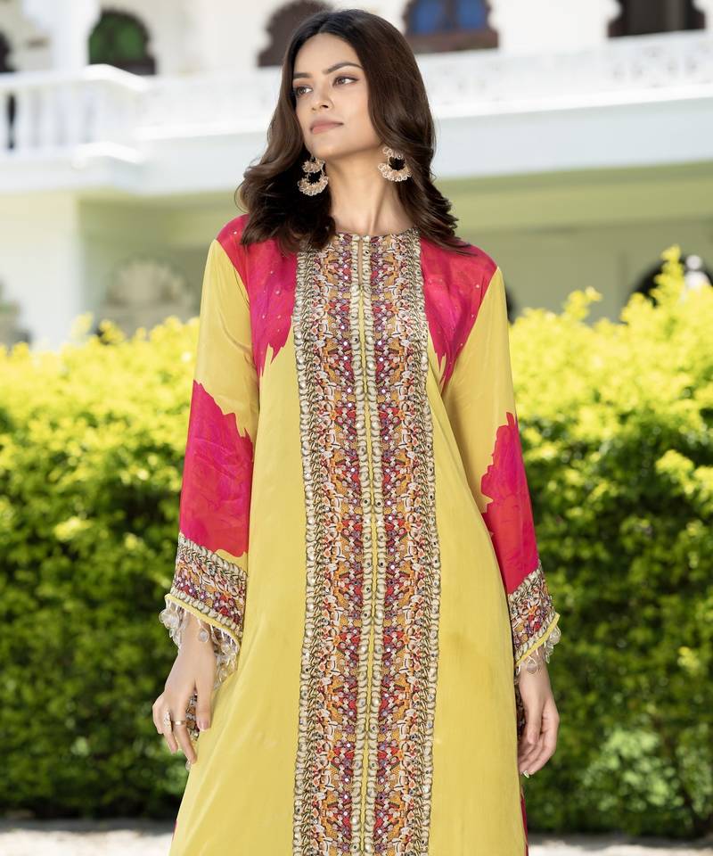Yellow printed with handwork natural crepe aline kurti with plazzo