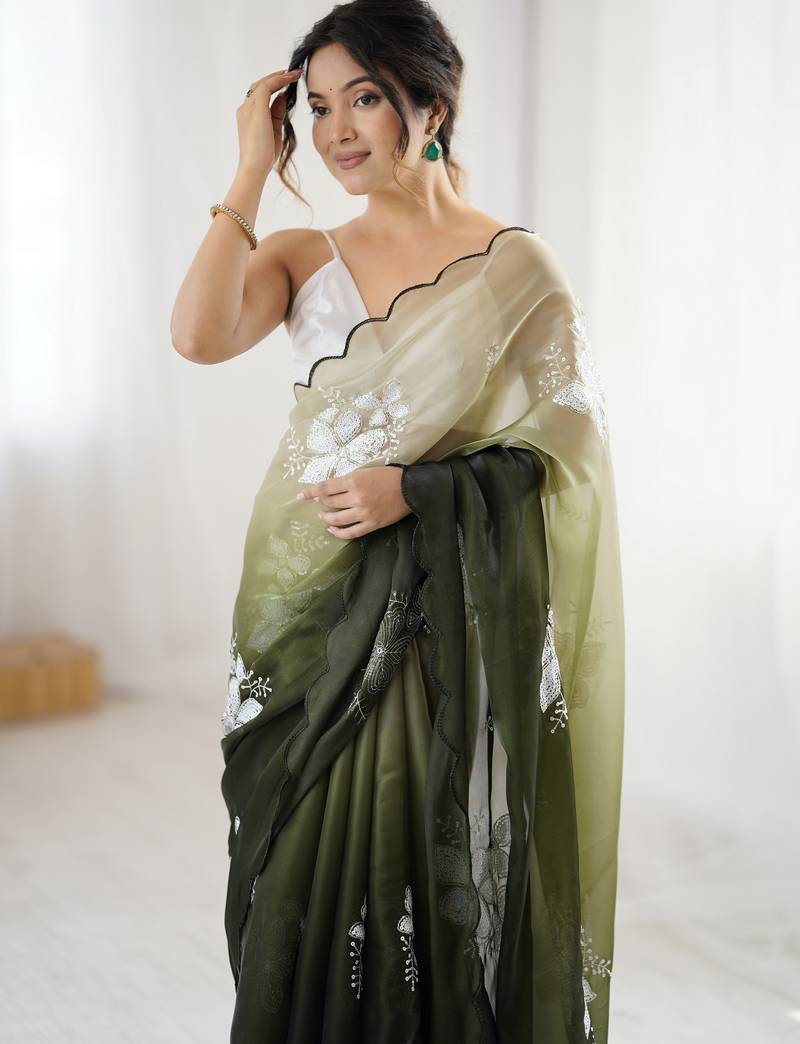 mahendi color glamorous jimmy choo fabric beautiful embroidered saree