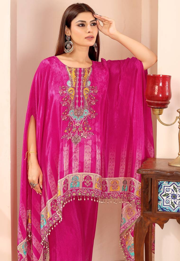 Pink printed with handwork natural crepe kaftan with plazzo