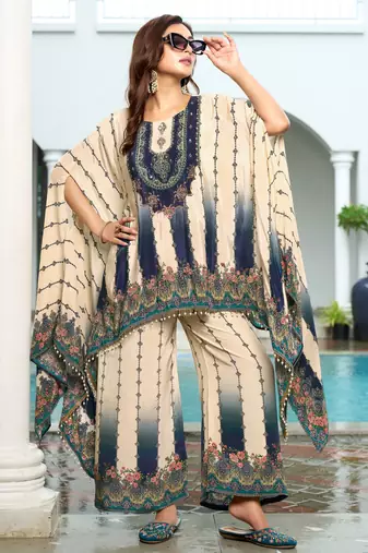 Cream & blue printed with handwork natural crepe kaftan with plazzo