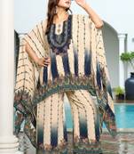 Cream & blue printed with handwork natural crepe kaftan with plazzo