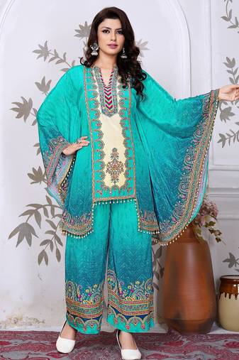 Sky blue printed with handwork natural crepe kaftan with plazzo