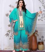 Sky blue printed with handwork natural crepe kaftan with plazzo