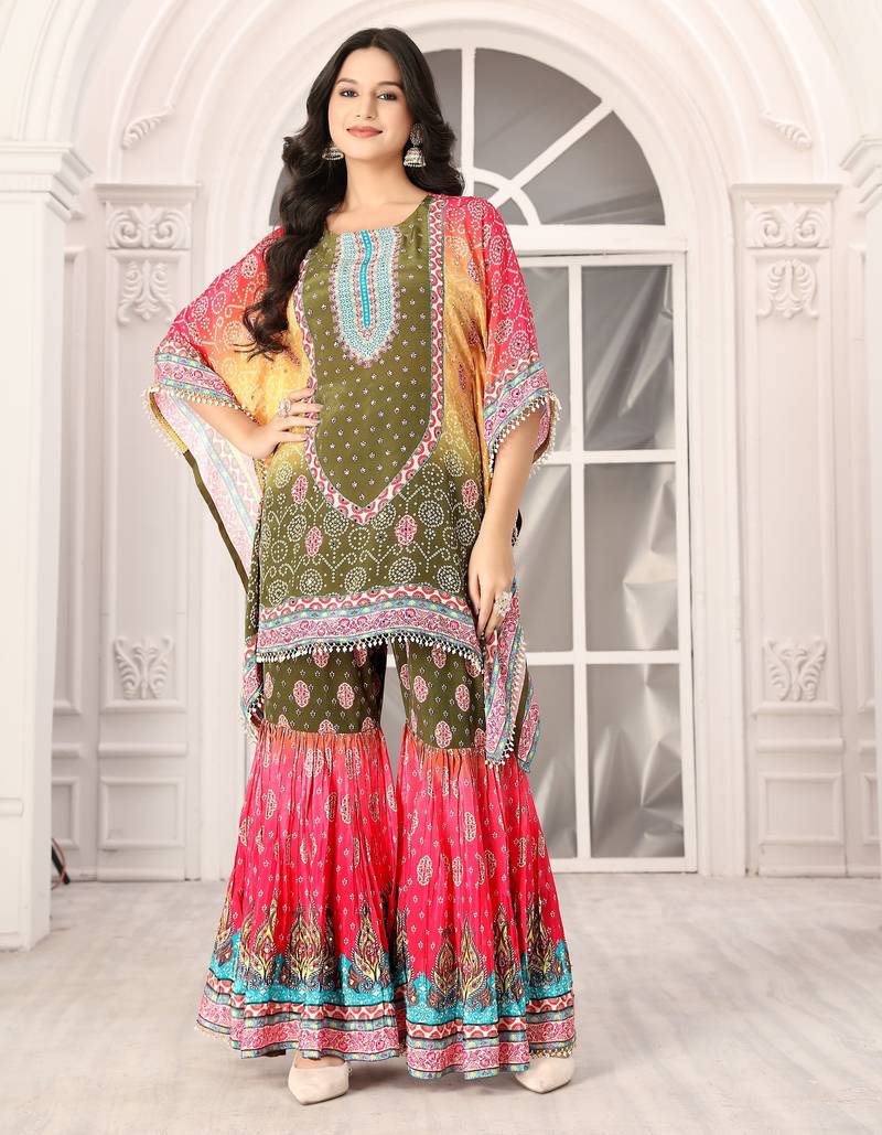 Multicolour printed with handwork natural crepe kaftan with sharara