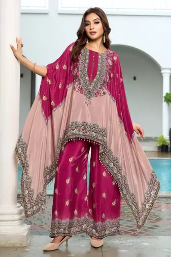 Purple & peach printed with handwork natural crepe kaftan with plazzo