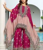 Purple & peach printed with handwork natural crepe kaftan with plazzo