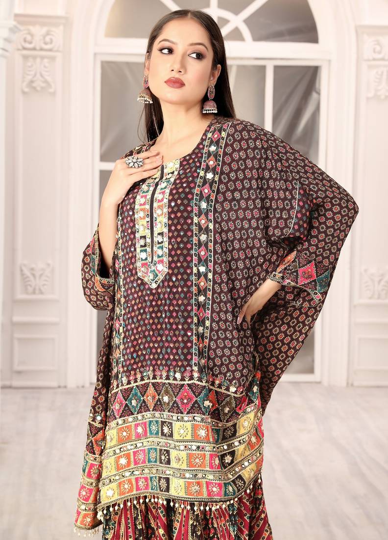 Multicolour printed with handwork natural crepe kaftan with sharara
