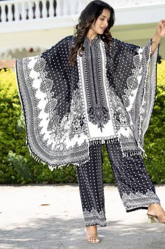 Black printed with handwork natural crepe kaftan with plazzo