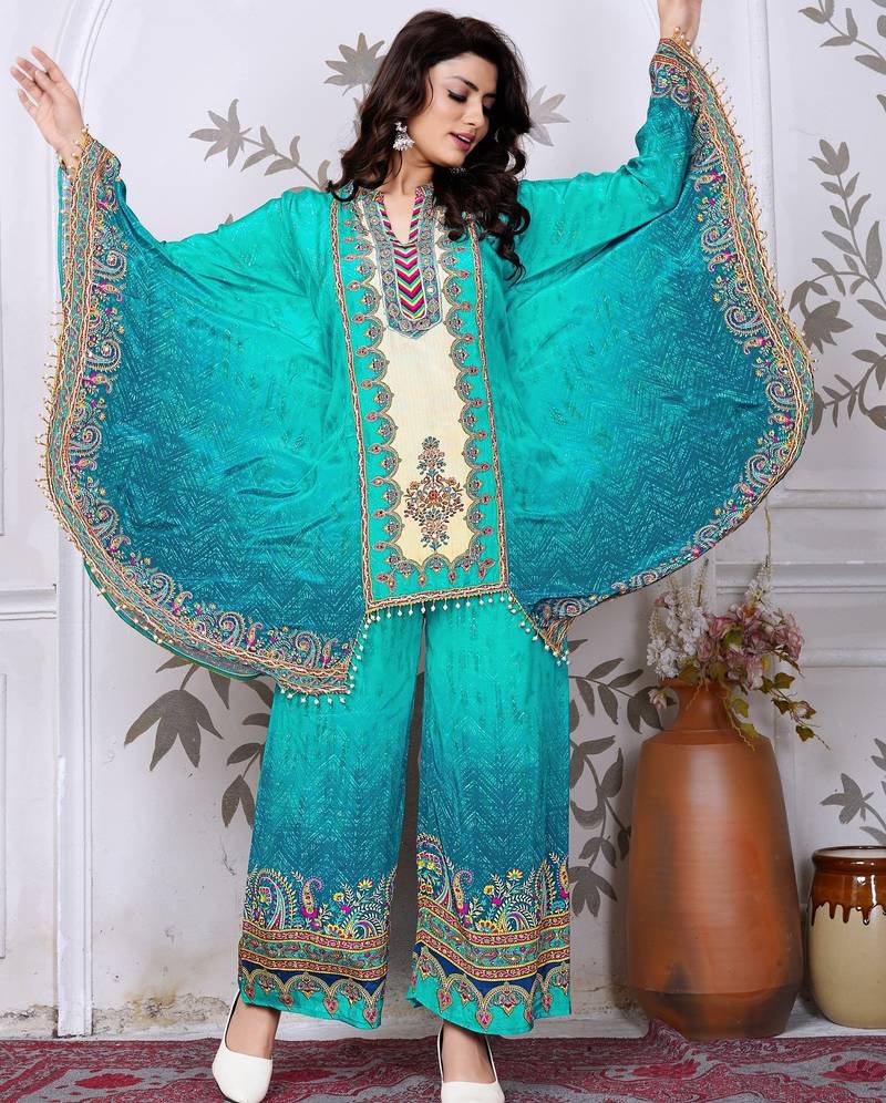 Sky blue printed with handwork natural crepe kaftan with plazzo