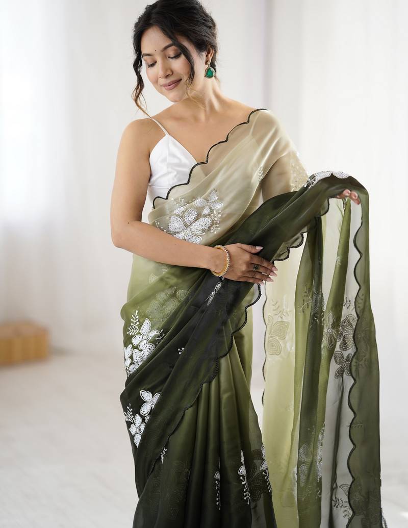 mahendi color glamorous jimmy choo fabric beautiful embroidered saree