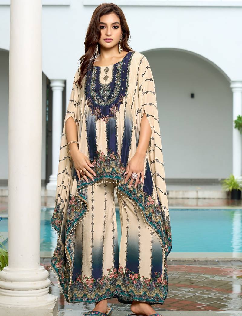 Cream & blue printed with handwork natural crepe kaftan with plazzo