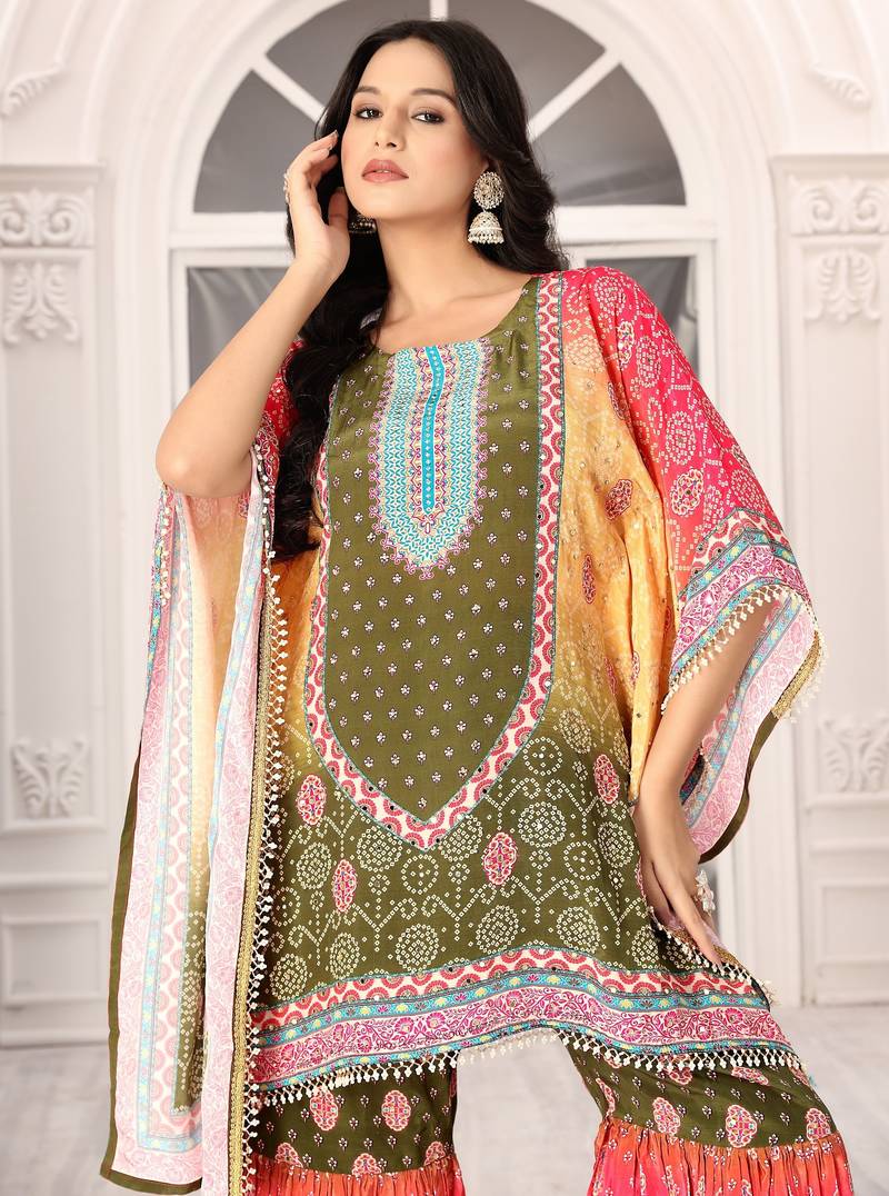 Multicolour printed with handwork natural crepe kaftan with sharara
