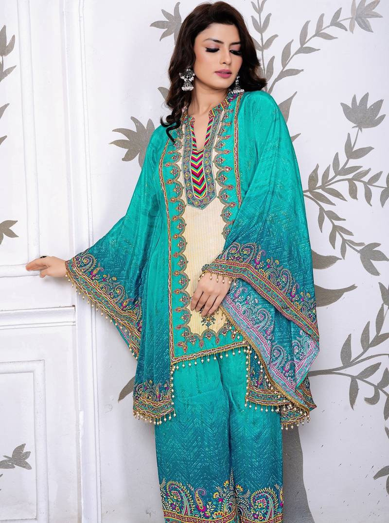 Sky blue printed with handwork natural crepe kaftan with plazzo