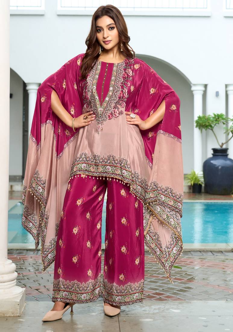 Purple & peach printed with handwork natural crepe kaftan with plazzo