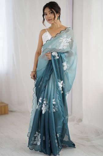 teal color glamorous jimmy choo fabric beautiful embroidered saree
