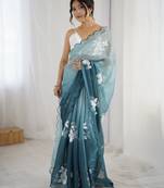 teal  color glamorous jimmy choo fabric beautiful embroidered saree