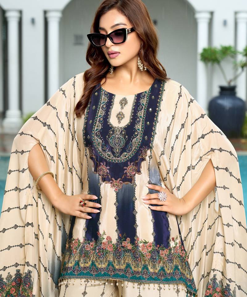 Cream & blue printed with handwork natural crepe kaftan with plazzo