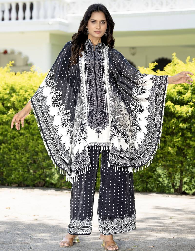 Black printed with handwork natural crepe kaftan with plazzo